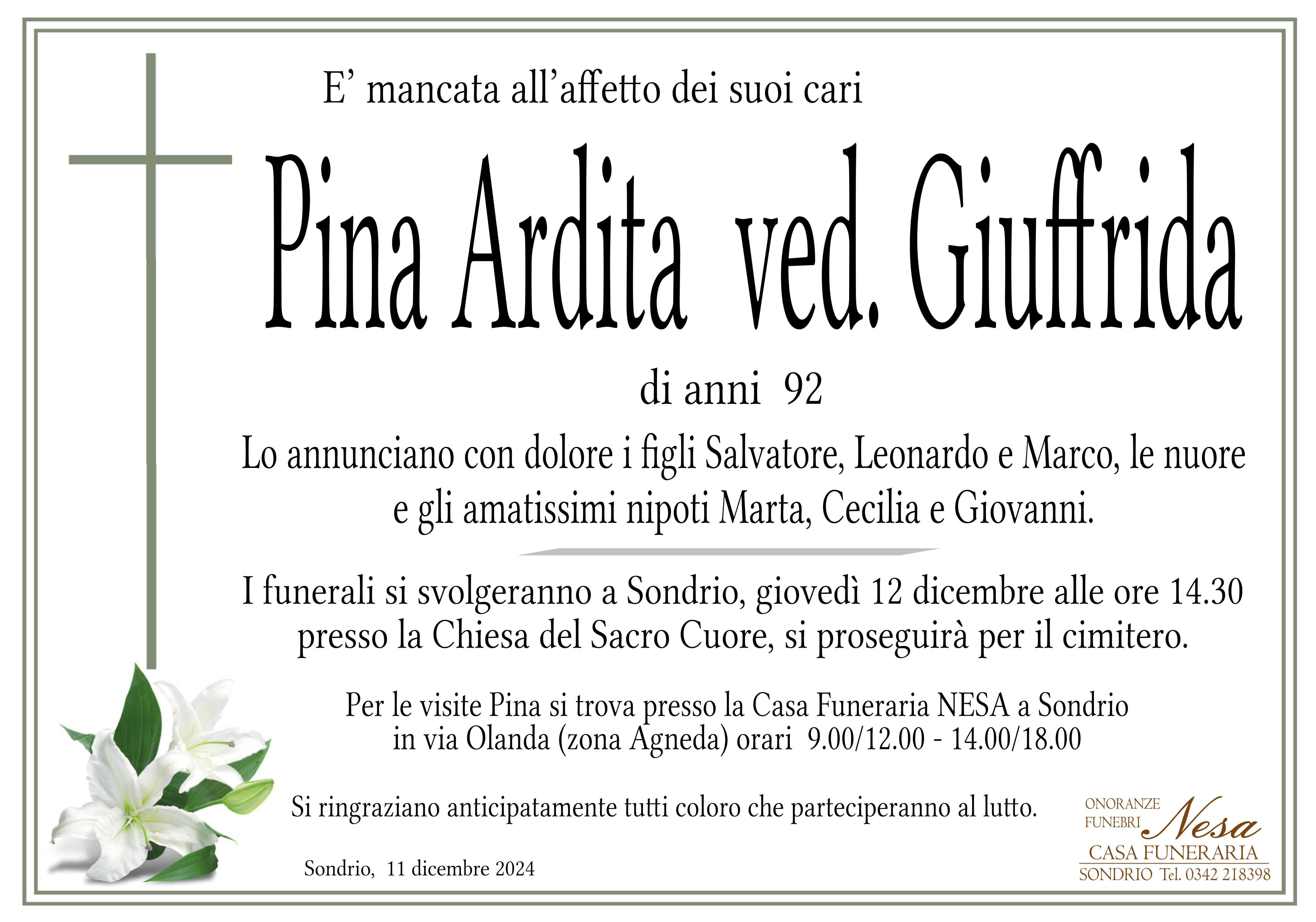 Necrologio Pina Ardita ved. Giuffrida